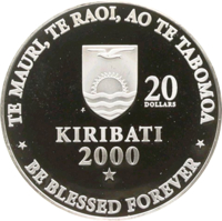 obverse of 20 Dollars - The New Millennium (2000) coin with KM# 39 from Kiribati. Inscription: TE MAURI, TE RAOI, AO TE TABOMOA 20 DOLLARS FM KIRIBATI 2000 BE BLESSED FOREVER