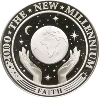 reverse of 20 Dollars - The New Millennium (2000) coin with KM# 39 from Kiribati. Inscription: 2000 * THE * NEW * MILLENNIUM FAITH