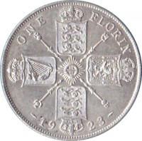 reverse of 1 Florin - George V (1920 - 1926) coin with KM# 817a from United Kingdom. Inscription: ONE FLORIN 19 21