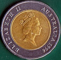 obverse of 5 Dollars - Elizabeth II - Sir Donald Bradman - 3'rd Portrait (1996) coin with KM# 311 from Australia. Inscription: ELIZABETH II AUSTRALIA 1996 RDM