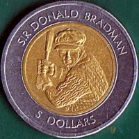 reverse of 5 Dollars - Elizabeth II - Sir Donald Bradman - 3'rd Portrait (1996) coin with KM# 311 from Australia. Inscription: SIR DONALD BRADMAN 5 DOLLARS