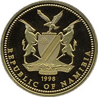 obverse of 100 Dollars - Marine Life Protection (1998) coin with KM# 15 from Namibia. Inscription: 1998 REPUBLIC OF NAMIBIA