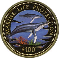 reverse of 100 Dollars - Marine Life Protection (1998) coin with KM# 15 from Namibia. Inscription: MARINE LIFE PROTECTION $ 100