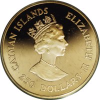 obverse of 250 Dollars - Elizabeth II - 40th Anniversary of the Coronation of Queen Elizabeth II (1993) coin with KM# 113 from Cayman Islands. Inscription: CAYMAN ISLANDS ELIZABETH II · 250 DOLLARS ·