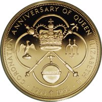 reverse of 250 Dollars - Elizabeth II - 40th Anniversary of the Coronation of Queen Elizabeth II (1993) coin with KM# 113 from Cayman Islands. Inscription: CORONATION ANNIVERSARY OF QUEEN ELIZABETH II · 1953 1993 ·