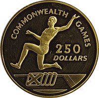 reverse of 250 Dollars - Elizabeth II - Commonwealth Games (1986) coin with KM# 84 from Cayman Islands. Inscription: COMMONWEALTH GAMES 250 DOLLARS