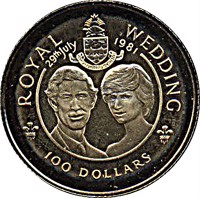 reverse of 100 Dollars - Elizabeth II - Wedding of Prince Charles and Lady Diana (1981) coin with KM# 69 from Cayman Islands. Inscription: ROYAL WEDDING 29th July 1981 100 DOLLARS