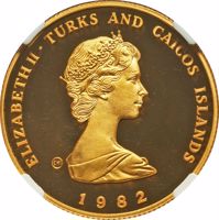 obverse of 100 Crowns - Elizabeth II - World Soccer Championship (1982) coin with KM# 59 from Turks and Caicos Islands. Inscription: ELIZABETH II · TURKS AND CAICOS ISLANDS 1982