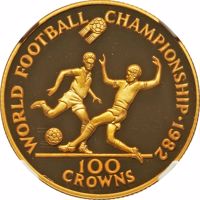 reverse of 100 Crowns - Elizabeth II - World Soccer Championship (1982) coin with KM# 59 from Turks and Caicos Islands. Inscription: WORLD FOOTBALL CHAMPIONSHIP·1982 100 CROWNS