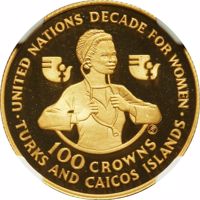 reverse of 100 Crowns - Elizabeth II - Decade for Women (1985) coin with KM# 62 from Turks and Caicos Islands. Inscription: UNITED NATIONS DECADE FOR WOMEN 100 CROWNS · TURKS AND CAICOS ISLANDS ·