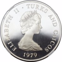 obverse of 10 Crowns - Elizabeth II - Prince Charles-10th Anniversary of Investiture (1979) coin from Turks and Caicos Islands. Inscription: ELIZABETH II · TURKS AND CAICOS 1979