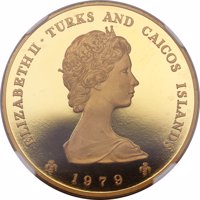 obverse of 100 Crowns - Elizabeth II - Prince Charles - 10th Anniversary of Investiture (1979) coin with KM# 46 from Turks and Caicos Islands. Inscription: ELIZABETH II · TURKS AND CAICOS ISLANDS 1979