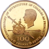 reverse of 100 Crowns - Elizabeth II - Prince Charles - 10th Anniversary of Investiture (1979) coin with KM# 46 from Turks and Caicos Islands. Inscription: 10th ANNIVERSARY OF INVESTITURE OF CHARLES AS PRINCE OF WALES 100 CROWNS