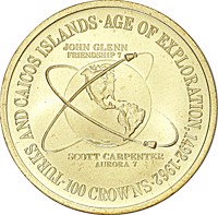 reverse of 100 Crowns - Elizabeth II - Age of Exploration (1975) coin with KM# 11 from Turks and Caicos Islands. Inscription: TURKS AND CAICOS · AGE OF EXPLORATION, 1492-1962 SCOTT CARPENTER AURORA 7 ·100 CROWNS·