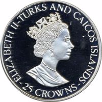 obverse of 25 Crowns - Elizabeth II - Streamertail Bird (1995) coin with KM# 210 from Turks and Caicos Islands. Inscription: ELIZABETH II-TURKS AND CAICOS ISLANDS -25 CROWNS-