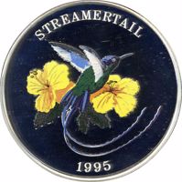 reverse of 25 Crowns - Elizabeth II - Streamertail Bird (1995) coin with KM# 210 from Turks and Caicos Islands. Inscription: STREAMERTAIL 1995