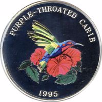 reverse of 25 Crowns - Elizabeth II - Purple-throated Carib (1995) coin with KM# 209 from Turks and Caicos Islands. Inscription: PURPLE-THROATED CARIB 1995