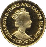 obverse of 4 Crowns - Elizabeth II - Bee Hummingbird (1995) coin with KM# 258 from Turks and Caicos Islands. Inscription: ELIZABETH II-TURKS AND CAICOS ISLANDS -4 CROWNS-