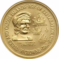 reverse of 50 Crowns - Elizabeth II - Age of Exploration - Christopher Columbus (1975) coin with KM# 10 from Turks and Caicos Islands. Inscription: TURKS AND CAICOS ISLANDS · AGE OF EXPLORATION, 1492-1962 SANTA MARIA PINTA B NINA CHRISTOPHER COLUMBUS 50 C