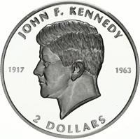 reverse of 2 Dollars - Elizabeth II - 40th Death Anniversary of John F. Kennedy (2003) coin with KM# 1139 from Cook Islands. Inscription: JOHN F. KENNEDY 1917 1963 2 DOLLARS