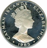 obverse of 50 Dollars - Elizabeth II - Bird Conservation (1985) coin with KM# 83 from Cayman Islands. Inscription: CAYMAN ISLANDS · ELIZABETH II · 1985 ·