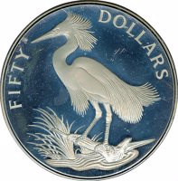 reverse of 50 Dollars - Elizabeth II - Bird Conservation (1985) coin with KM# 83 from Cayman Islands. Inscription: FIFTY DOLLARS