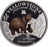 reverse of 25 Dollars - Elizabeth II - Yellowstone National Park (1996) coin with KM# 290 from Cook Islands. Inscription: YELLOWSTONE National Park Grizzly Bear 25 DOLLARS