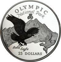 reverse of 25 Dollars - Elizabeth II - Olympic National Park (1996) coin with KM# 289 from Cook Islands. Inscription: OLYMPIC National Park A·S·H·96 Bald Eagle 100 DOLLARS