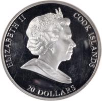 obverse of 20 Dollars - Elizabeth II - Masterpieces of Art - Tutankhamen Mask (2011) coin with KM# 1641 from Cook Islands. Inscription: ELIZABETH II COOK ISLANDS 20 DOLLARS