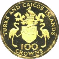 obverse of 100 Crowns - Elizabeth II - Centenary of the birth of Churchill (1974) coin with KM# 4 from Turks and Caicos Islands. Inscription: TURKS AND CAICOS ISLANDS 100 CROWNS