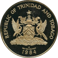 obverse of 200 Dollars - 20th Anniversary of Central Bank (1984) coin with KM# 56 from Trinidad and Tobago. Inscription: REPUBLIC OF TRINIDAD AND TOBAGO TOGETHER WE ASPIRE TOGETHER WE ACHIEVE FM 500/1000 FINE GOLD 1984