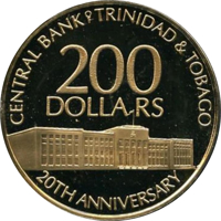 reverse of 200 Dollars - 20th Anniversary of Central Bank (1984) coin with KM# 56 from Trinidad and Tobago. Inscription: CENTRAL BANK OF TRINIDAD&TOBAGO 200 DOLLARS 20TH ANNIVERSARY