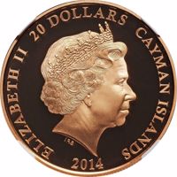 obverse of 20 Dollars - Elizabeth II - Ronald Reagan (2014) coin from Cayman Islands. Inscription: ELIZABETH II 20 DOLLARS CAYMAN ISLANDS IRB 2014