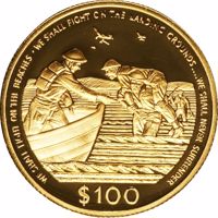 reverse of 100 Dollars - Elizabeth II - Winston Churchill - Evacuation of Dunkirk (1990) coin with KM# 106 from Cayman Islands. Inscription: WE SHALL FIGHT ON THE BEACHES · WE SHALL FIGHT ON THE LANDING GROUNDS .... WE SHALL NEVER SURRENDER $100