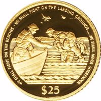 reverse of 25 Dollars - Elizabeth II - Winston Churchill - Evacuation of Dunkirk (1990) coin with KM# 104 from Cayman Islands. Inscription: WE SHALL FIGHT ON THE BEACHES · WE SHALL FIGHT ON THE LANDING GROUNDS .... WE SHALL NEVER SURRENDER $100