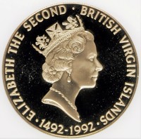 obverse of 250 Dollars - Elizabeth II - Quincentennial - Discovery of America (1991) coin with KM# 120 from British Virgin Islands. Inscription: ELIZABETH THE SECOND · BRITISH VIRGIN ISLANDS · 1492-1992 ·