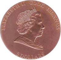 obverse of 5 Dollars - Elizabeth II - Meteorite Impacts series - 400th Anniversary of the Observation of Mars (2009) coin with KM# 681 from Cook Islands. Inscription: ELIZABETH II COOK ISLAND 5 DOLLARS