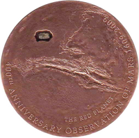 reverse of 5 Dollars - Elizabeth II - Meteorite Impacts series - 400th Anniversary of the Observation of Mars (2009) coin with KM# 681 from Cook Islands. Inscription: THE RED PLANET 400th ANNIVERSARY OBSERVATION OF MARS 1609 - 2009