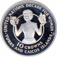 reverse of 10 Crowns - Elizabeth II - Decade for Women (1985) coin with KM# 63 from Turks and Caicos Islands. Inscription: UNITED NATIONS DECADE FOR WOMEN 10 CROWNS · TURKS AND CAICOS ISLANDS ·