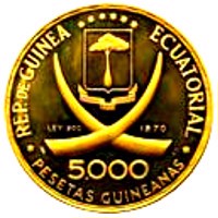 obverse of 5000 Pesetas Guineanas - Francisco Macias (1970) coin with KM# 31 from Equatorial Guinea. Inscription: REP.DE GUINEA ECUATORIAL LEY 9999 1970 5000 PESETAS GUINEANAS