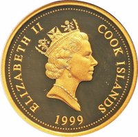 obverse of 60 Dollars - Elizabeth II - Year of The Rabbit (1999) coin from Cook Islands. Inscription: ELIZABETH II COOK ISLANDS RDM 1999