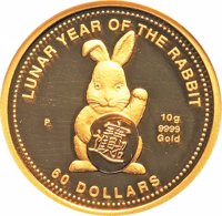 reverse of 60 Dollars - Elizabeth II - Year of The Rabbit (1999) coin from Cook Islands. Inscription: LUNAR YEAR OF THE RABBIT P 10g 9999 Gold 60 DOLLARS