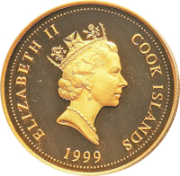 obverse of 30 Dollars - Elizabeth II - Year of The Rabbit (1999) coin from Cook Islands. Inscription: ELIZABETH II COOK ISLANDS RDM 1999