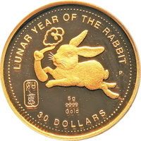 reverse of 30 Dollars - Elizabeth II - Year of The Rabbit (1999) coin from Cook Islands. Inscription: LUNAR YEAR OF THE RABBIT P 5g 9999 Gold 30 DOLLARS