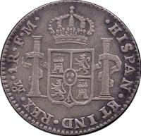 reverse of 1 Real - Carlos IV (1790) coin with KM# 80 from Mexico. Inscription: HISPAN * ET * IND * REX * Mo * F * M