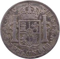 reverse of 4 Reales - Carlos IV (1789 - 1790) coin with KM# 98 from Mexico. Inscription: HISPAN * ET IND * REX * Mo * 4R * FM