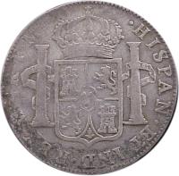 reverse of 4 Reales - Carlos IV (1792 - 1808) coin with KM# 100 from Mexico. Inscription: * HISPAN * ET IND * REX * Mo * 4R * F * M