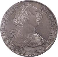 obverse of 8 Reales - Carlos IV (1790) coin with KM# 108 from Mexico. Inscription: CAROLUS * IIII * DEI * GRATIA * 1790