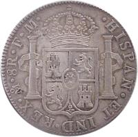 reverse of 8 Reales - Carlos IV (1790) coin with KM# 108 from Mexico. Inscription: HISPAN * ET IND * REX * Mo * 8R * F * M