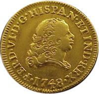 obverse of 1 Escudo - Fernando VI (1748 - 1756) coin with KM# 115 from Mexico. Inscription: HISPAN * ET IND * REX * FERD * VI * D * G